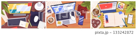 Workplaces top view. Above home office desk, computer or laptop on table for education business work place room with notebook document book phone coffee, classy vector illustration 133242872