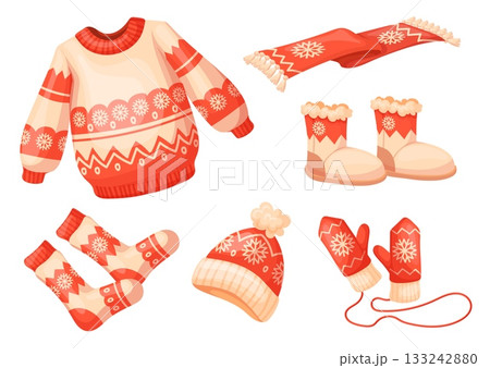 Cartoon christmas clothes. Winter cloth outfit, xmas holiday garment red hat scarf mitten santa cap accessory warm children apparel kids wear december set neat vector illustration 133242880