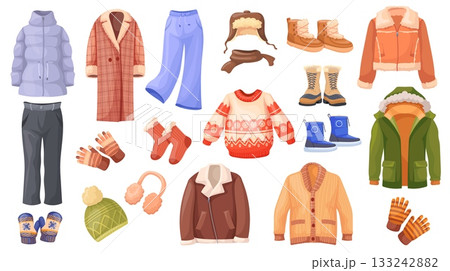 Cartoon winter clothes. Fashion warm outfit, cold autumn season wardrobe coats modern casual jacket sweater scarf hat cap shoes outdoor wear garment set, neat vector illustration 133242882