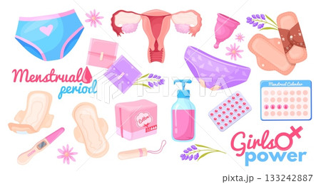 Feminine hygiene products. Female menstruation cycle icons, tampon sanitary pad menstrual cup uterus gynecology panties blood pms period calendar, cartoon neat vector illustration 133242887