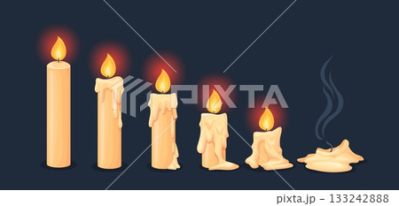 Candle wax stages. Burning candles animation steps, burn wick fire flame melting wax different stage 2d game sprite sheet magic christmas light candlelight neat vector illustration Candle wax stages. Burning candles animation steps, burn wick fire flame melting wax different stage 2d game sprite sheet magic christmas light candlelight neat vector illustration 133242888