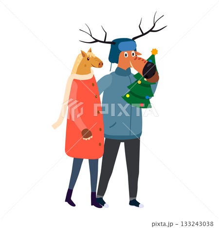 Couple quadrober wearing animal horse and deer mask Couple quadrober wearing animal horse and deer mask 133243038