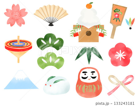 縁起物のイラスト　水彩風お正月向け背景素材 133243181