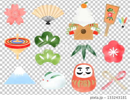 縁起物のイラスト　水彩風お正月向け背景素材 133243181