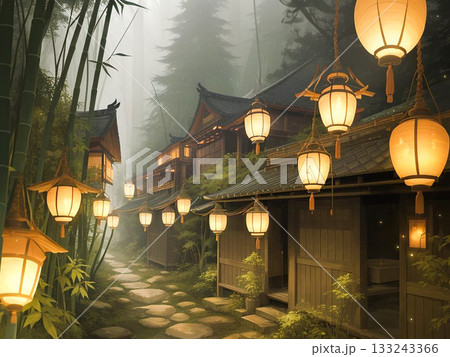 竹林の中にひっそりとたたずむ幻想的な日本の隠れ里の背景 竹林の中にひっそりとたたずむ幻想的な日本の隠れ里の背景 133243366