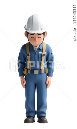 工事中 看板 おじぎしてお詫びをする現場作業員の男性のイラスト 全身正面 133243516
