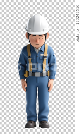 工事中 看板 おじぎしてお詫びをする現場作業員の男性のイラスト 全身正面 133243516