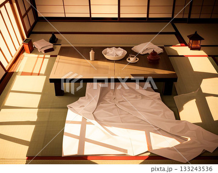 暖かい日差しが差し込む和風の居間と座卓 133243536
