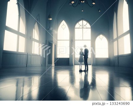 大きな窓の前で、向かい合って立つ二人の男女 133243690