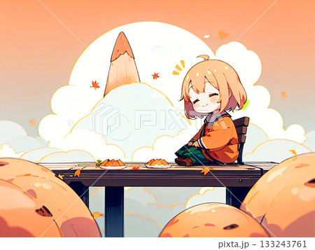 ベンチで笑っている、オレンジ服のゆるキャラ少女 133243761