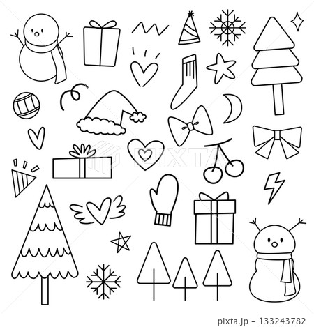 Christmas set doodle with black line for element, illustration, festival and coloring. Winter season Christmas set doodle with black line for element, illustration, festival and coloring. Winter season 133243782