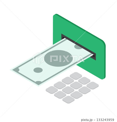 Isometric dollar cash is accepted into a bill acceptor at a street bank terminal. Isolated cartoon vector on white background top view Isometric dollar cash is accepted into a bill acceptor at a street bank terminal. Isolated cartoon vector on white background top view 133243959