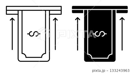 Linear icon. Dollar bill is accepted into a bill acceptor at a street ATM. Simple vector isolated on white background Linear icon. Dollar bill is accepted into a bill acceptor at a street ATM. Simple vector isolated on white background 133243963