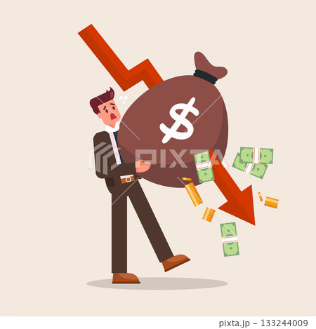 Arrow graphs fall down to attack the money bag carried by businessman. 133244009