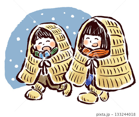 雪の中簑(みの)をかぶって歩く子どもたち 雪の中簑(みの)をかぶって歩く子どもたち 133244018