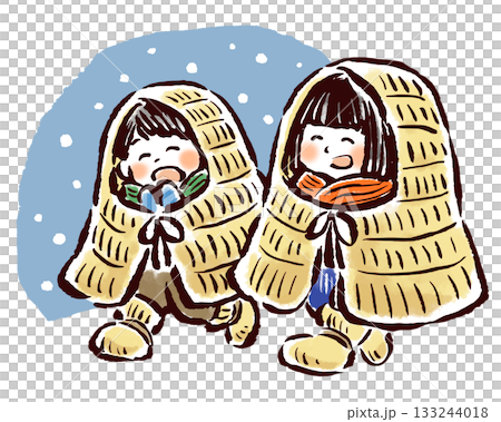 雪の中簑(みの)をかぶって歩く子どもたち 雪の中簑(みの)をかぶって歩く子どもたち 133244018