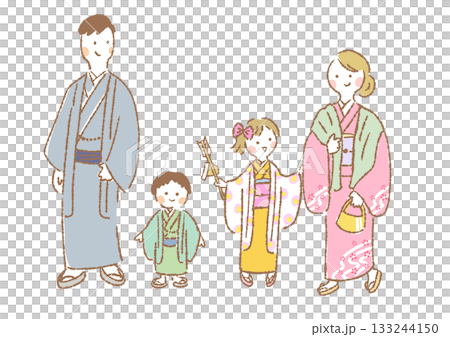 Illustration of a family of four in kimono going to visit a shrine for the first time in the new year Illustration of a family of four in kimono going to visit a shrine for the first time in the new year 133244150