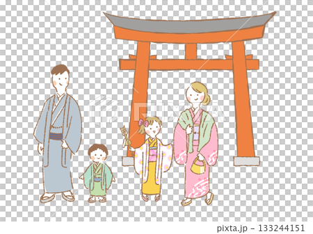 初詣に出かける着物姿の4人家族のイラスト 初詣に出かける着物姿の4人家族のイラスト 133244151