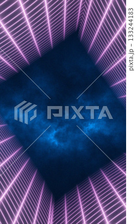 Futuristic neon tunnel with glowing purple grid and deep blue atmospheric background Futuristic neon tunnel with glowing purple grid and deep blue atmospheric background 133244183