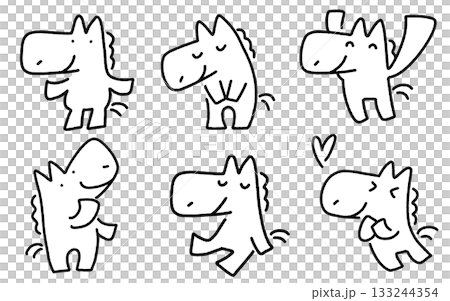 Monochrome set of horses with various expressions and poses: bowing, looking up, sitting, cheering 133244354