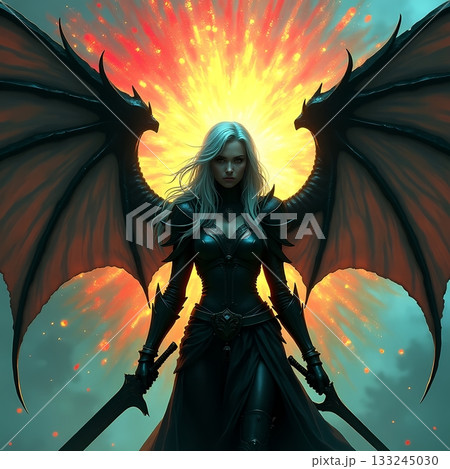 Dark warrior stands proud with fiery background Generative AI 133245030