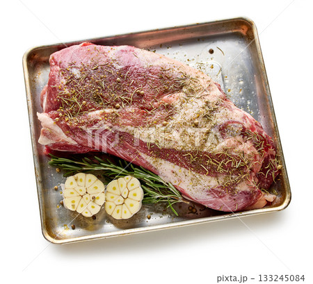 fresh raw pork neck meat with garlic and spices 133245084