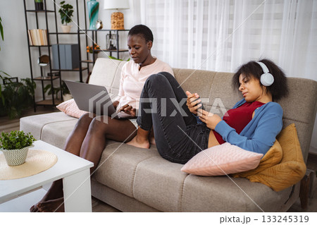 Two Young Women Relaxing on Sofa, Using Laptop and Smartphone Two Young Women Relaxing on Sofa, Using Laptop and Smartphone 133245319