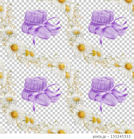 Symbol of World Prematurity Day-Purple knitted socks with ribbon,chamomile flowers symbolizing purity and childhood innocence.Watercolor seamless pattern for charity projects,social media 133245333