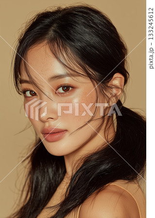 艶やかな素肌美とナチュラルメイクの女性ポートレート 133245612