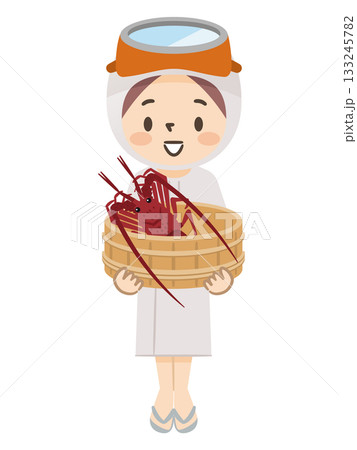 磯桶に伊勢海老を入れた海女（あま）さんのイラスト 三重県の伝統漁業と名物 133245782