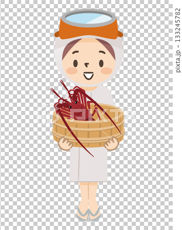 磯桶に伊勢海老を入れた海女（あま）さんのイラスト 三重県の伝統漁業と名物 133245782