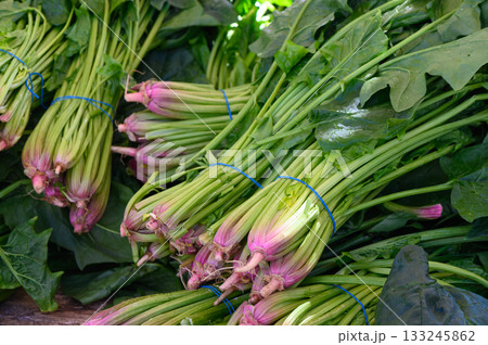 Bunches of fresh green vegetables with a hint of pink at a bustling farmers market in the early morning 133245862