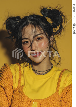 イエロートーンの背景と服装が映えるポップな女性ポートレート 133246081
