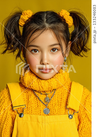 ビビッドな黄色コーデの可愛らしい女の子ポートレート 133246083