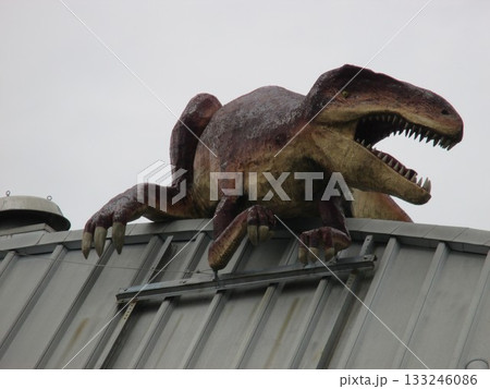 恐竜の町として有名な熊本県上益城郡御船町、御船町商工会議所の屋根に乗っている恐竜のオブジェ 133246086