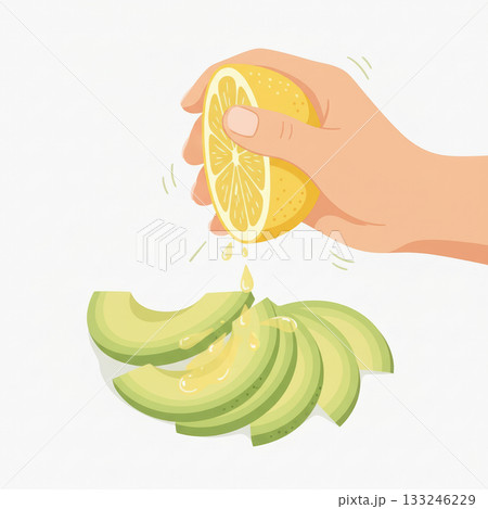 Healthy eating concept showing hand squeezing lemon juice on avocado slices. Fresh food illustration promoting vitamins, wellness, and clean lifestyle. Vector illustration 133246229
