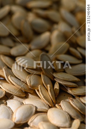 Harvested pumpkin seeds spread out under warm sunlight showcasing their natural beauty 133246464