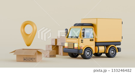 Transportation delivery by truck Location pin and opened cardboard box 3D Transportation delivery by truck Location pin and opened cardboard box 3D 133246482