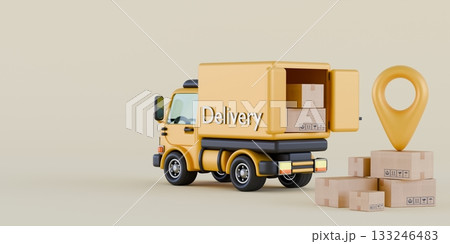 Transportation delivery by truck Opened truck with map pin 3D Transportation delivery by truck Opened truck with map pin 3D 133246483