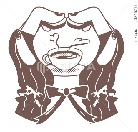ハートポーズの手とコーヒーカップのブラウンイラスト 133246713