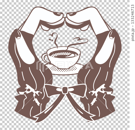 棕色的插圖，描繪了雙手和咖啡杯呈心形的姿勢 133246713