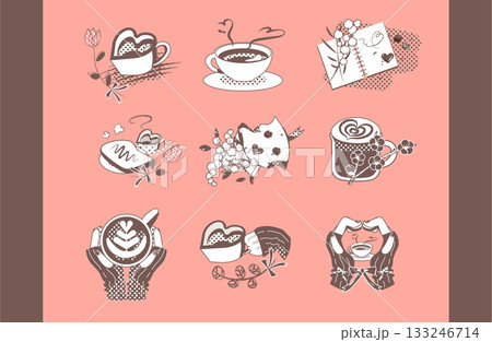 バレンタインのコーヒーとスイーツの茶色×白イラストセット 133246714