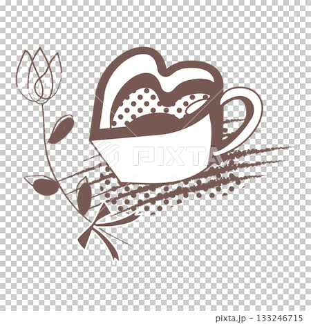 心形拿鐵咖啡杯和棕色花朵插圖 133246715
