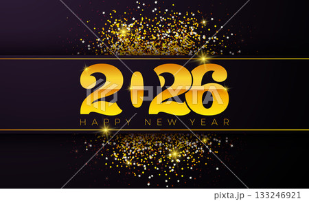 Happy New Year Greeting Card Banner Illustration with Gold Typography Lettering and Sparkling Glitter on Black Background. New Year Celebration Holiday Design with Christmas Ornaments for Occasion 133246921