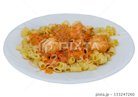 Pasta with Tomato Sauce and Meatballs on White Plate 133247260