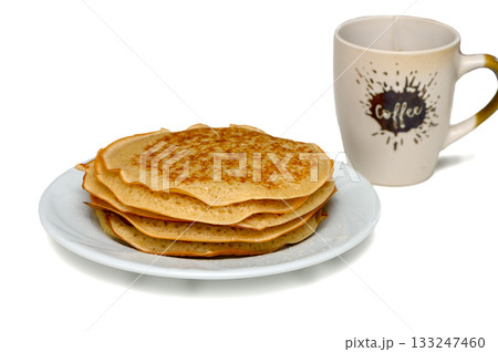 Pancakes on White Plate with Coffee Cup Pancakes on White Plate with Coffee Cup 133247460