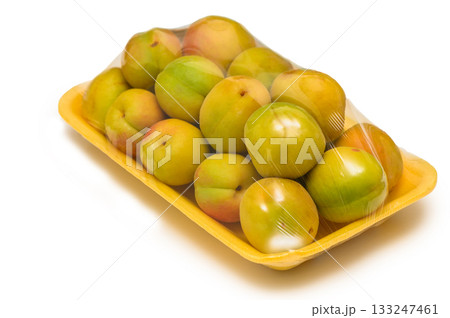 Fresh Apricots in Transparent Wrapped Tray 133247461