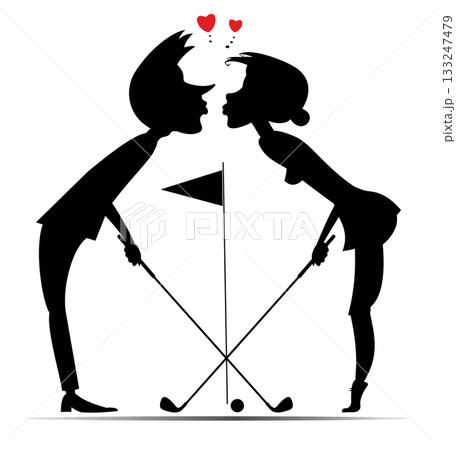 Golf course. Man and woman falling in love and kissing. Love couple kissing on the golf course. Black on white background 133247479