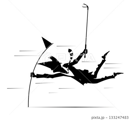 Stormy weather and man on the golf course.  Strong wind and frightened man with a golf club catches the golf flag. Black and white 133247483