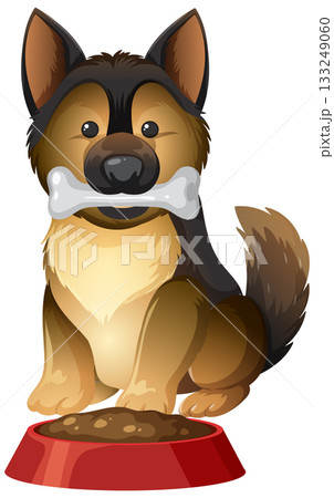 German Shepherd Dog Holding Bone by Food Bowl Illustration 133249060